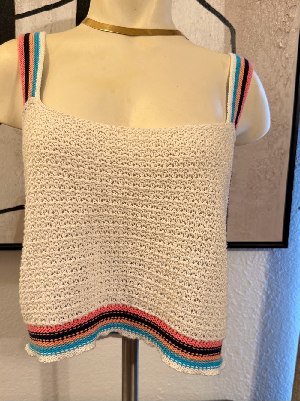 Francesca's Collections Cream Crochet Tank with Multicolor Stripe Accents